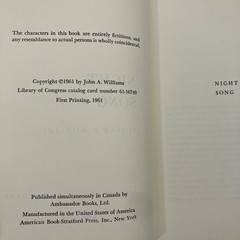 Night Song A Novel by John Williams First Edition 1st Printing 1961 HCDJ Jazz