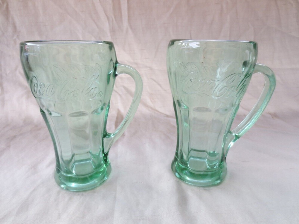 Pair Vintage Libbey Green Coca-Cola (Coke) Thick Heavy Glass Mug w/ Handle 14 oz