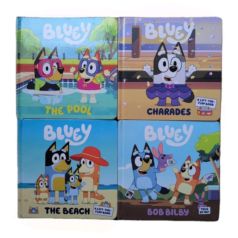 4 x BLUEY BOARD PICTURE BOOKS THE BEACH THE POOL CHARADES BOB BILBY