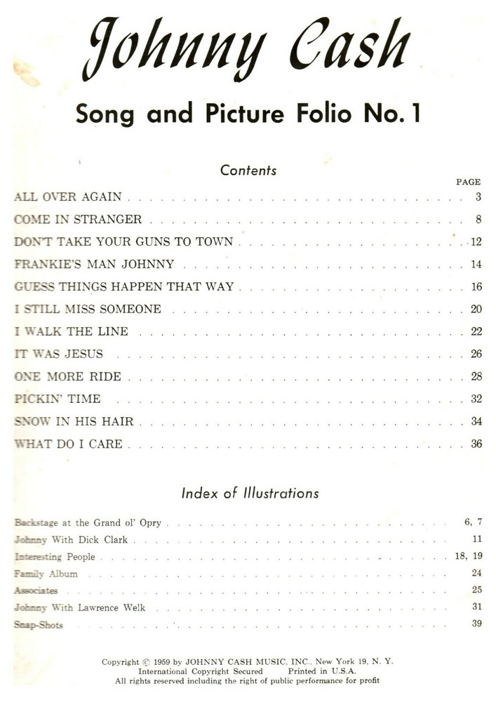 Johnny Cash Song & Picture Folio No.1 – 1959 39 pages Sheet Music Songbook 208a