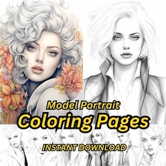 Model Portrait Coloring Book Pages for adults kids, coloring pages Stress Relief