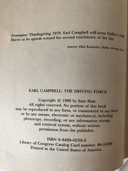 EARL CAMPBELL The Driving Force, Sam Blair, 1980 Hardcover Book, 175 Pages.