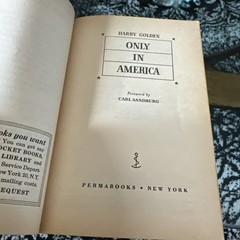 Only in America by Harry Golden 1958 Hardback w/ DJ Foreword Carl Sandburg