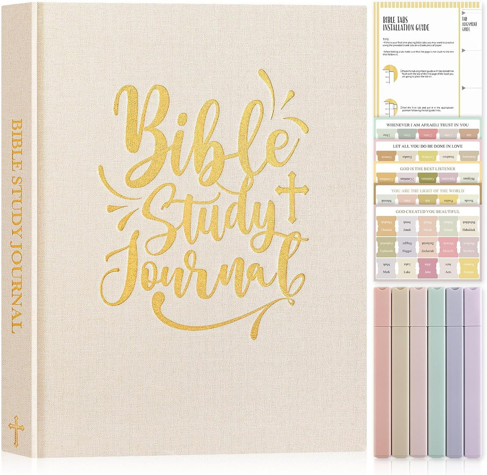 Linen Bible Study Journal for Women with Tabs, Highlighters & Church Notes