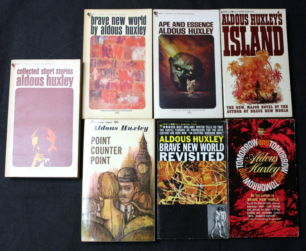 7 VINTAGE ALDOUS HUXLEY PAPERBACK BOOKS: BRAVE NEW WORLD, ISLAND, APE & ESSENCE