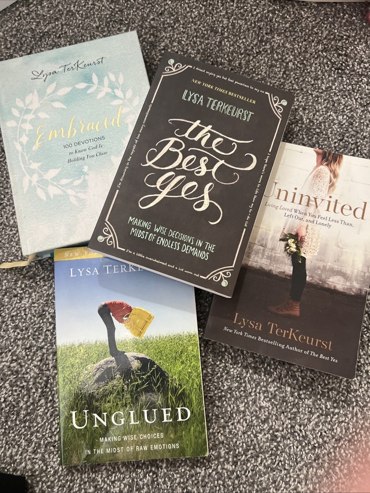 Lysa TerKeurst Christian Books Lot of 4 Embraced Uninvited Unglued The Best Yes