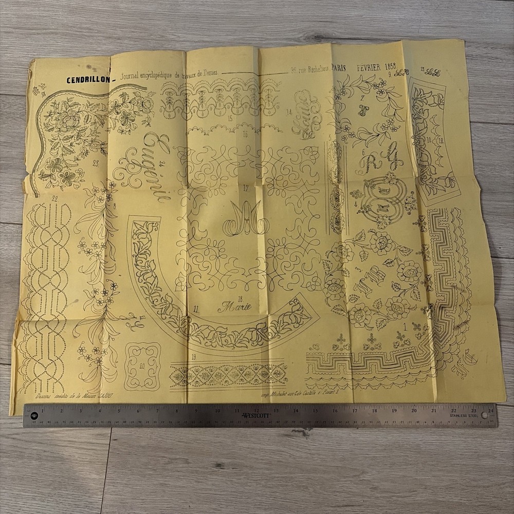 Rare Antique French Embroidery Pattern Sheet – Cendrillon Journal (February1858)