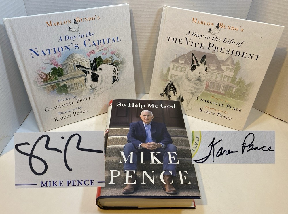 SIGNED Mike and Karen Pence books lot of 3 So Help Me God + 2x Marlon Bundo