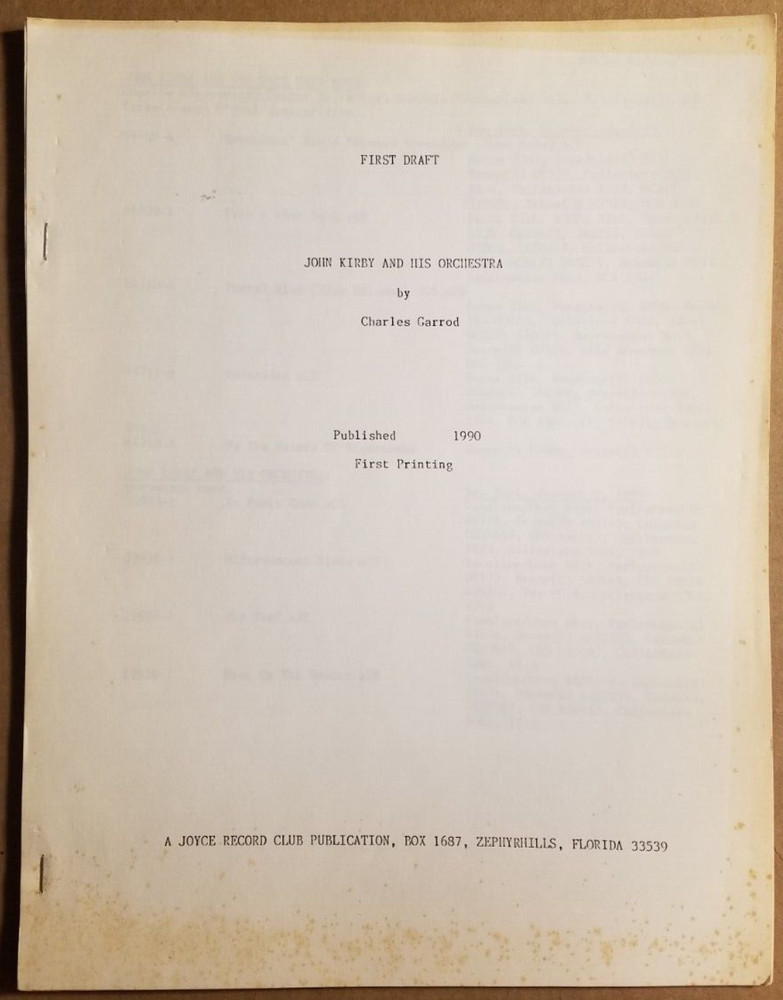 John Kirby Discography by Garrod of Joyce Record, First Draft, 16 pages, c1990