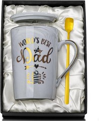 World’s Best Dad Funny Mug – 14oz Grey Marble Ceramic Gift Set for Father’s Day