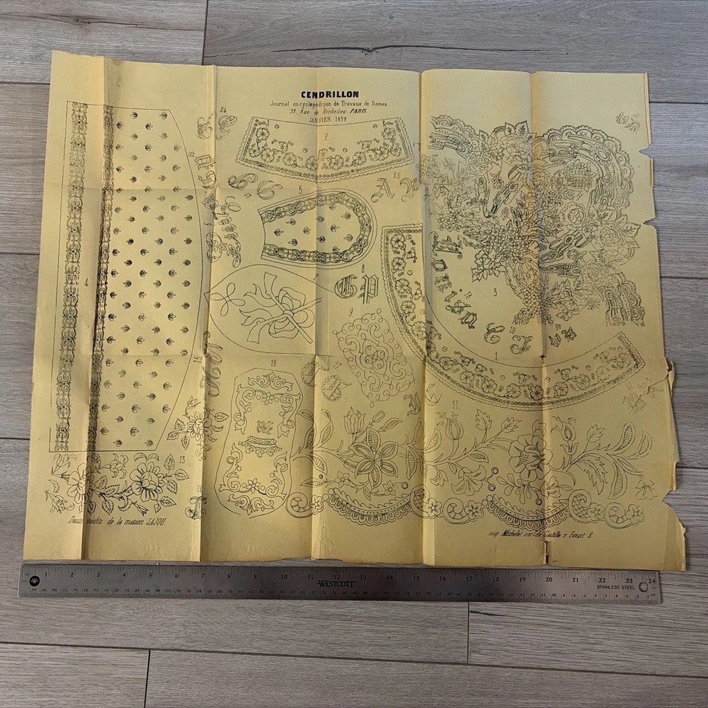 Rare Antique French Embroidery Pattern Sheet – Cendrillon Journal (January 1858)