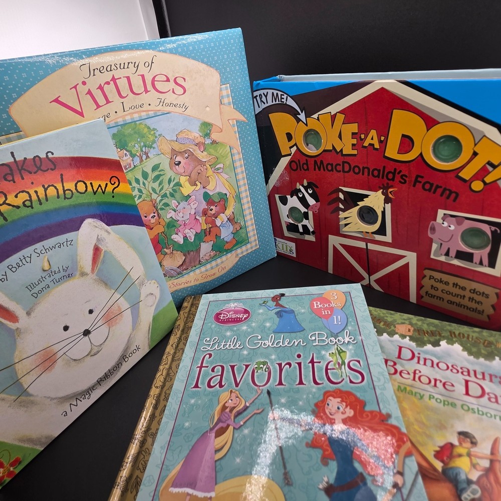 Assorted 5 Kids Book Lot Poke-A-Dot Magic Tree House Disney Preowned Good