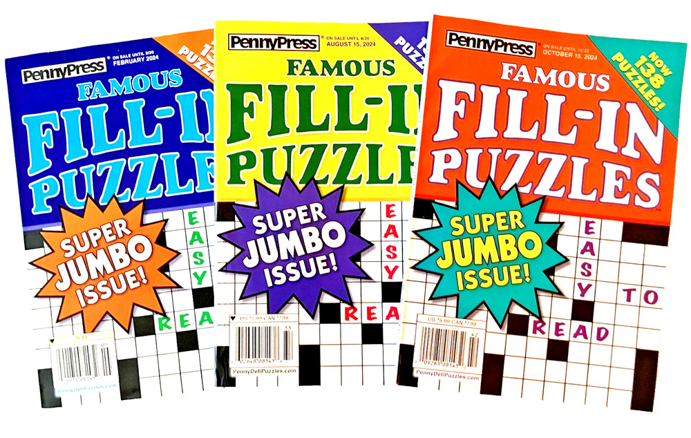 NEW Lot 3 Dell Penny Press Dell Famous Fill In Puzzle Books Over 135 Puzzles!