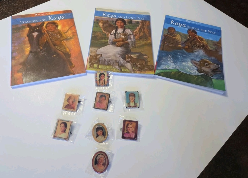 12 American Girl Mixed Lot 3 Kaya Paperback Books 8 American Girl Lapel Pins
