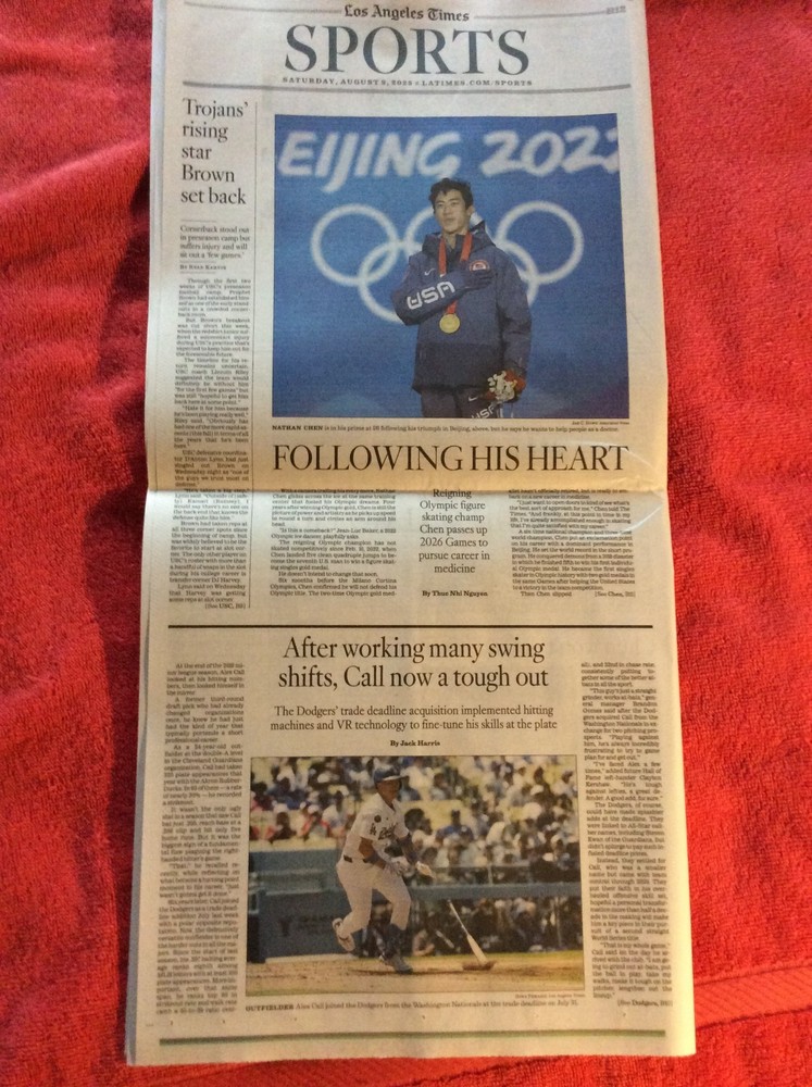LA TIMES SPORTS SECTION JULY 31 2025 DODGERS ALEX CALL OLYMPIC NATHAN CHEN
