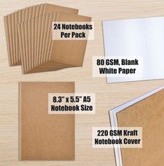 Kraft Notebooks 24 Pack, Blank Unlined, 8.3 in x 5.5 in, A5 Size, 60 White Pa…