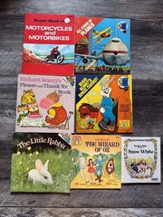 7 Vintage Childrens Books 1970’s Bugs Bunny, Planes, Motorcycles, Wizard Of Oz