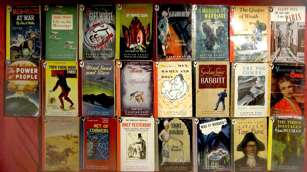 Lot of 23, very earliest BANTAM vintage paperbacks; late 1940s, all below #100