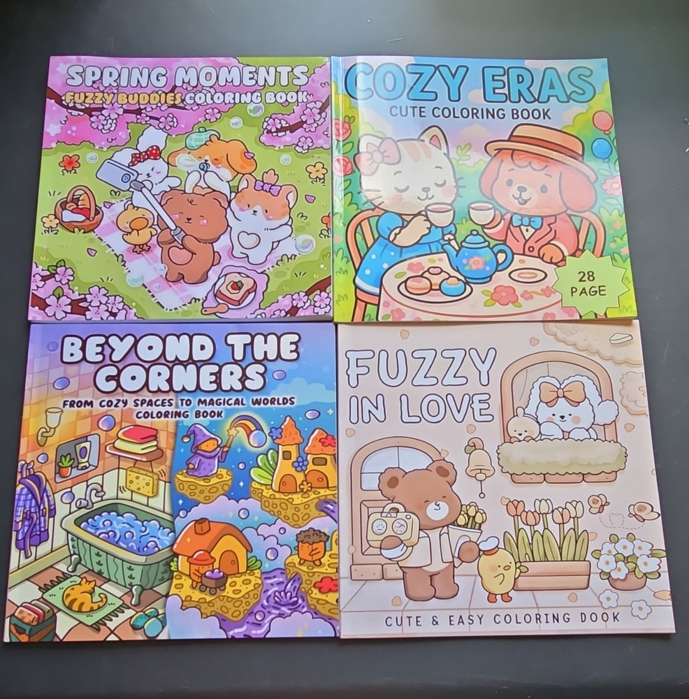 Lot of 4 Adult Coloring Books Paperback Spring Moments, Cozy Eras, Fuzzy in Love