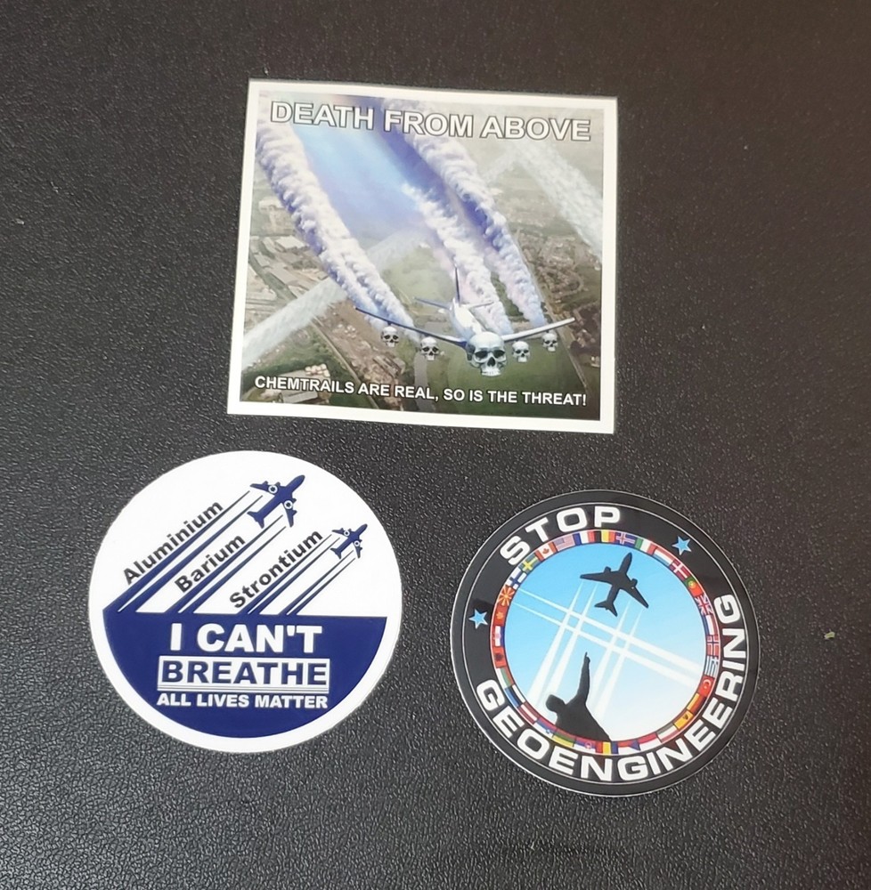 CHEMTRAILS GEO-ENGINEERING STICKERS 5 YEAR WARRANTY Variety Pack (3)