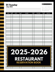 Restaurant Reservation Book 2025-2026: From 1 July 2025 to 31 June 2026 (365 Day