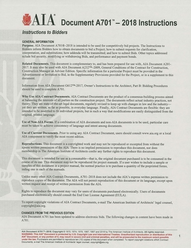 AIA Documents A701 – Only Inlcudes A701 – 2018 General Conditions