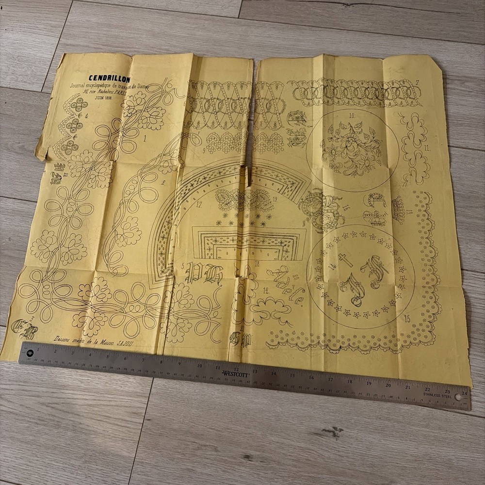 Rare Antique French Embroidery Pattern Sheet Cendrillon June 1858 Maison Sajou
