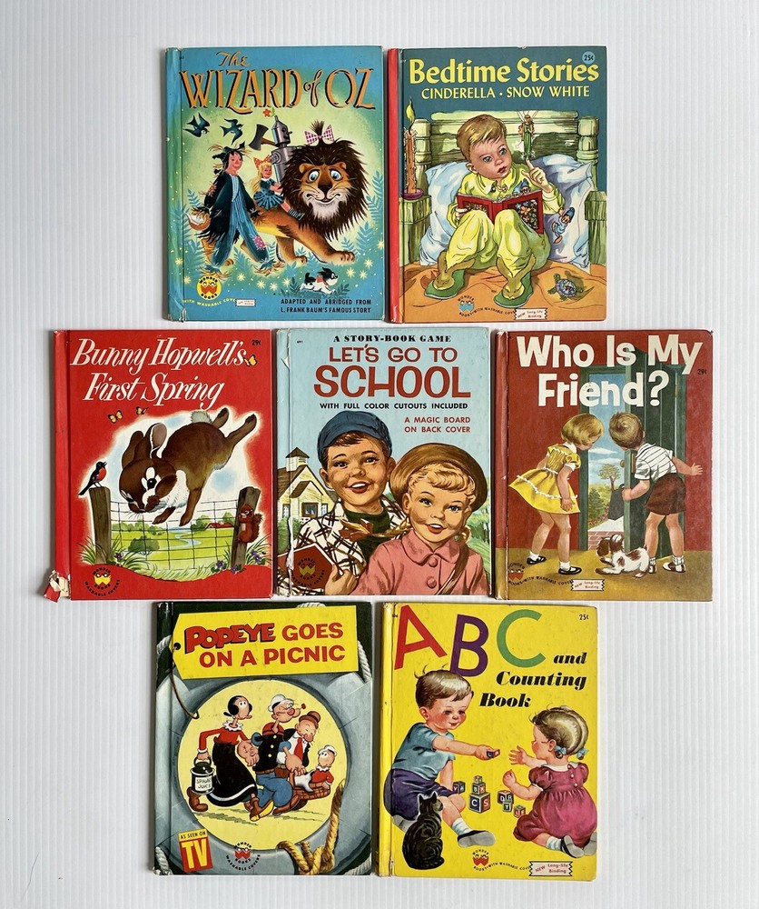 Lot 7 Vintage Children’s Wonder Books- Popeye, Bunny Hopwell, Wizard Of Oz Etc.