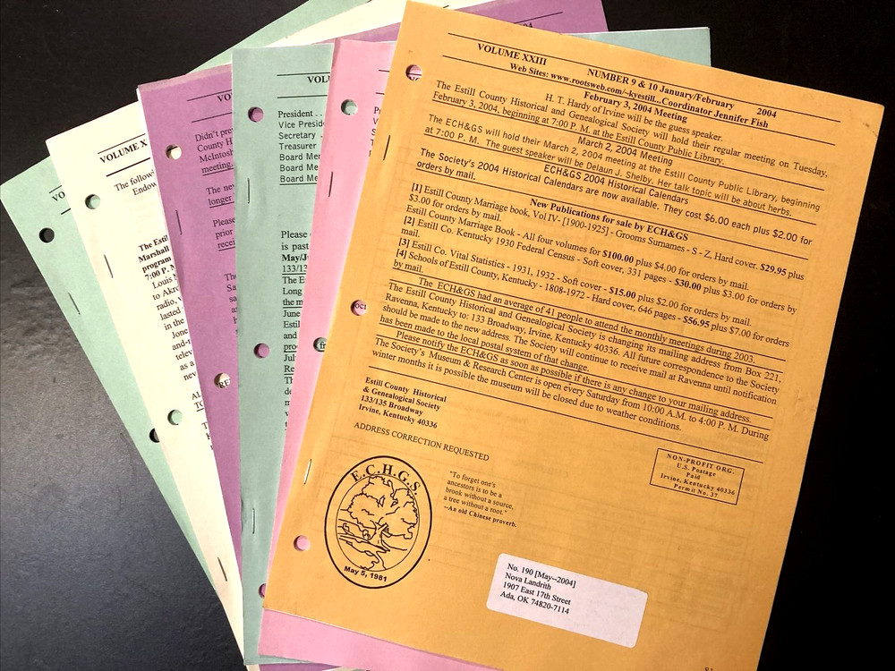 Estill County Kentucky Genealogical Society 2004 Newsletter 6 Issues ECHGS