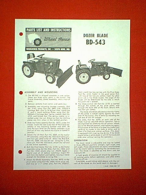 WHEEL HORSE TRACTOR DOZER BLADE ATTACHMENT MODEL DB-543 OWNER’S / PARTS MANUAL
