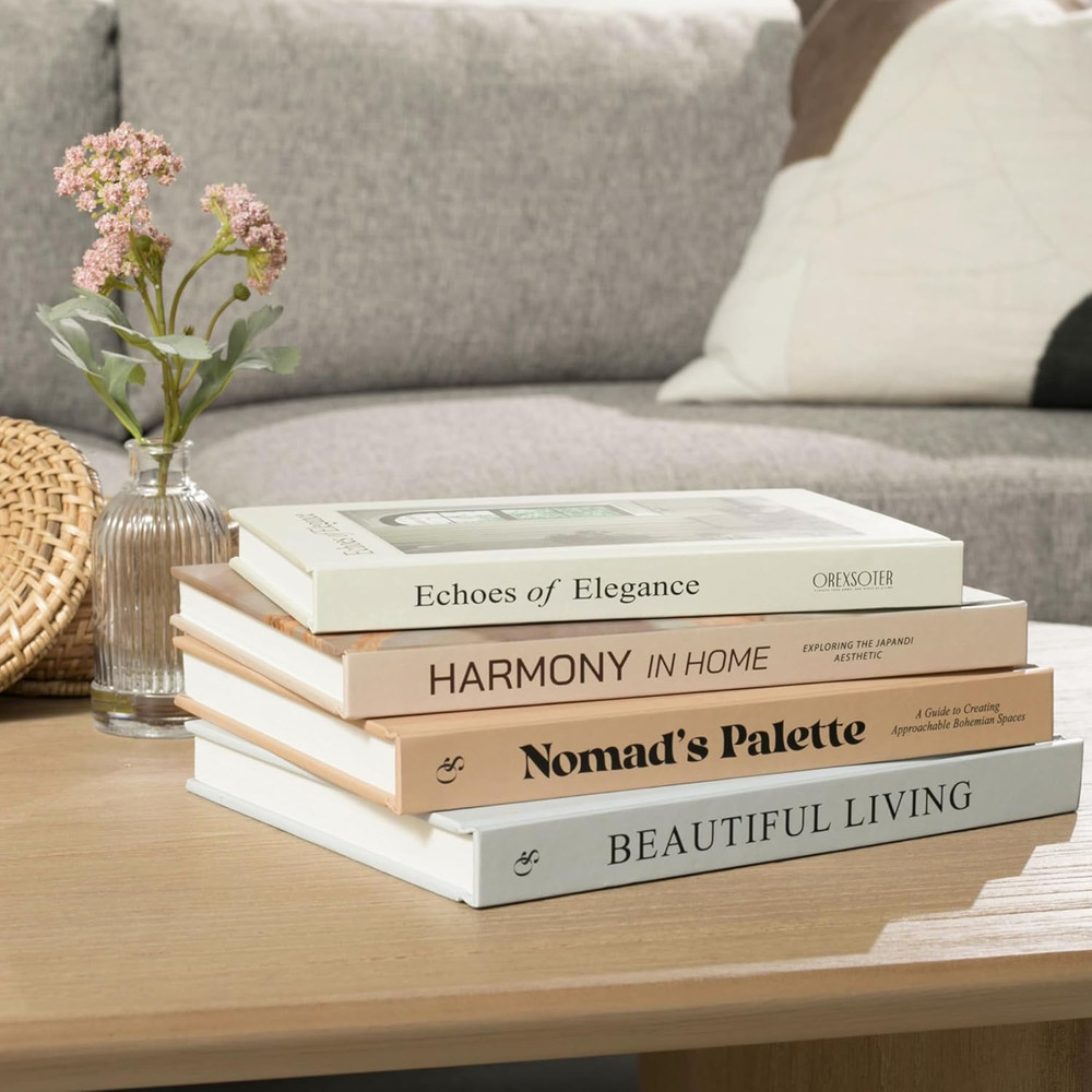 Decorative Books 4Pk Stackable Aesthetic Table Decoration Display Neutral Tones