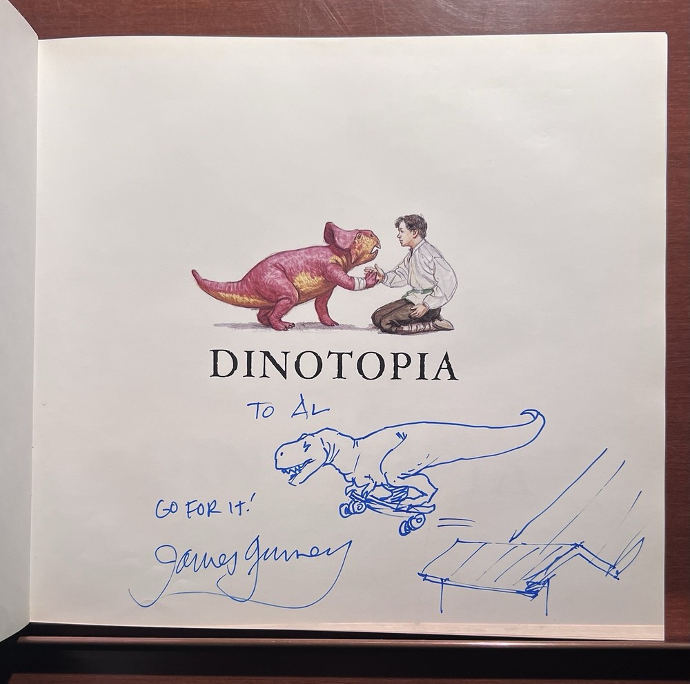 James Gurney ORIGINAL T-Rex Sketch Drawing + Signed Dinotopia 1st Edition HC