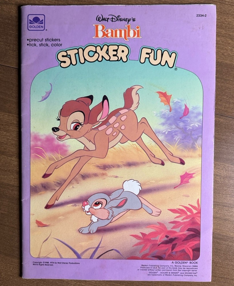 BAMBI Golden STICKER FUN 1988 Coloring Book Pre-Cut Stickers Lick Stick