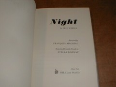 Night by Elie Wiesel Second American Printing 1961 Hill and Wang P. $3.00 intact