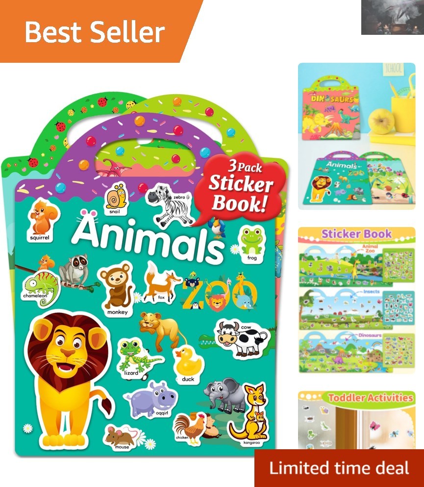 Reusable Sticker Book Set: 94 Waterproof Stickers for Kids – Animal & Dino Fun