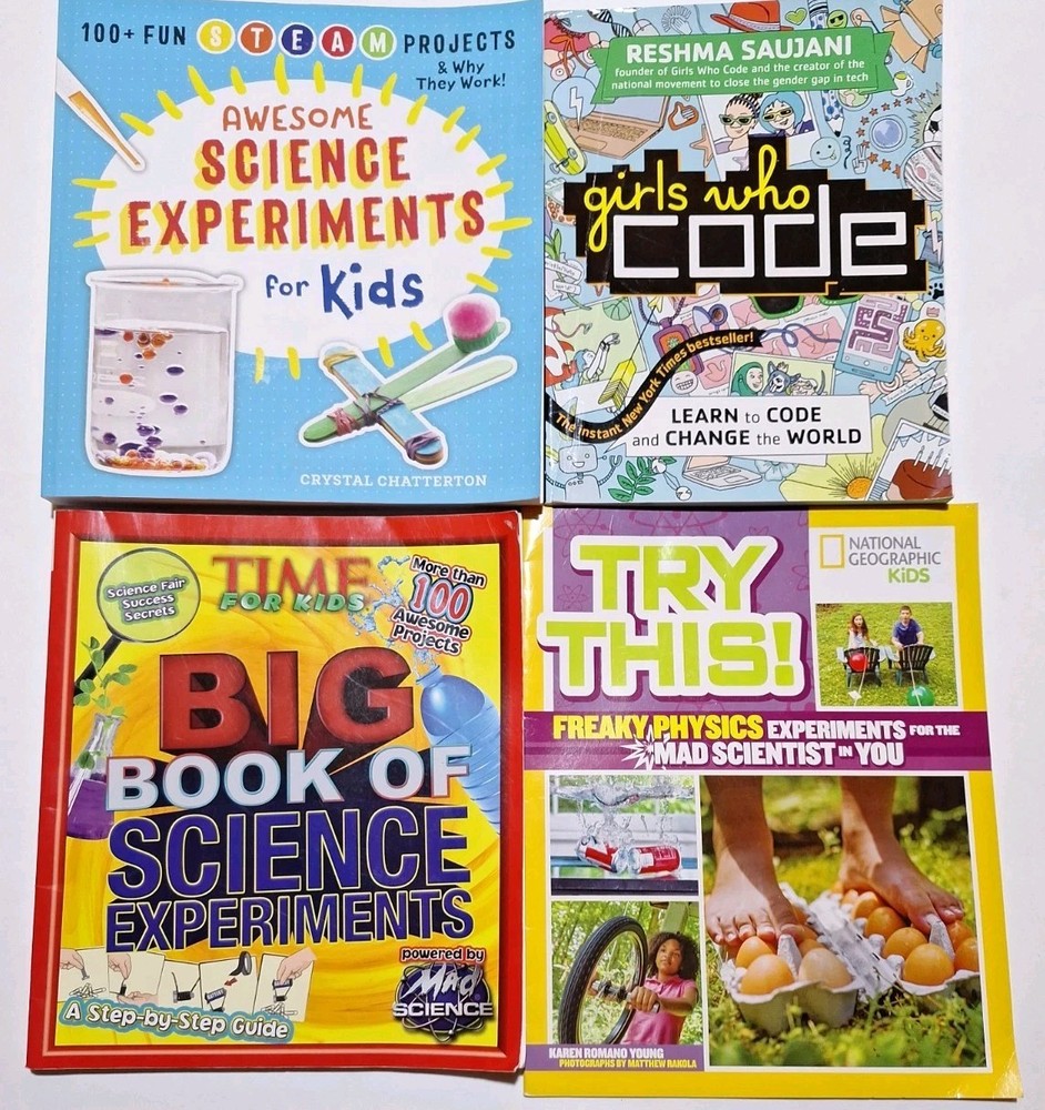 Lot of 4 Kids STEM & Science Books – Experiments, Coding, Physics, More!