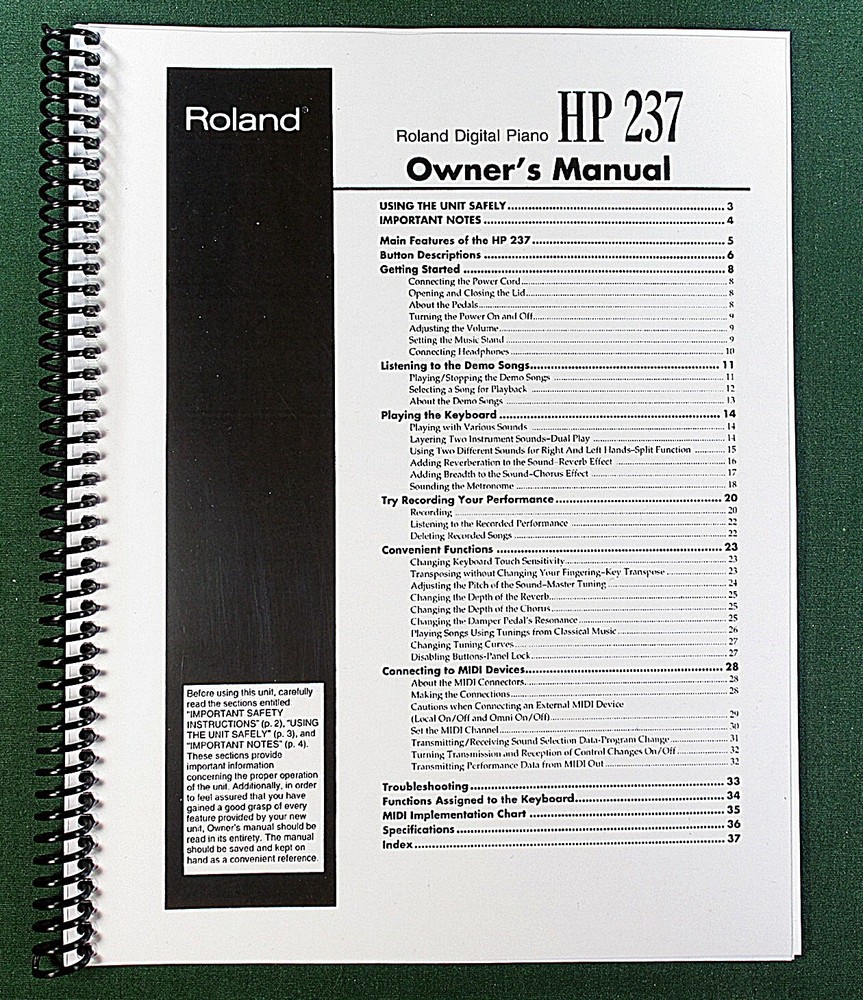 Roland HP-237 Owner’s Instruction Manual: 42 Pages & Protective Covers!