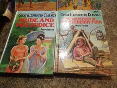 4 BOOK LOT Great Illustrated Classics hardcovers Oz Huckleberry Finn Treasure