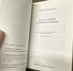 (in French & German) Sur la terre comme en enfer by Thomas Bernhard (2012/SC) LN