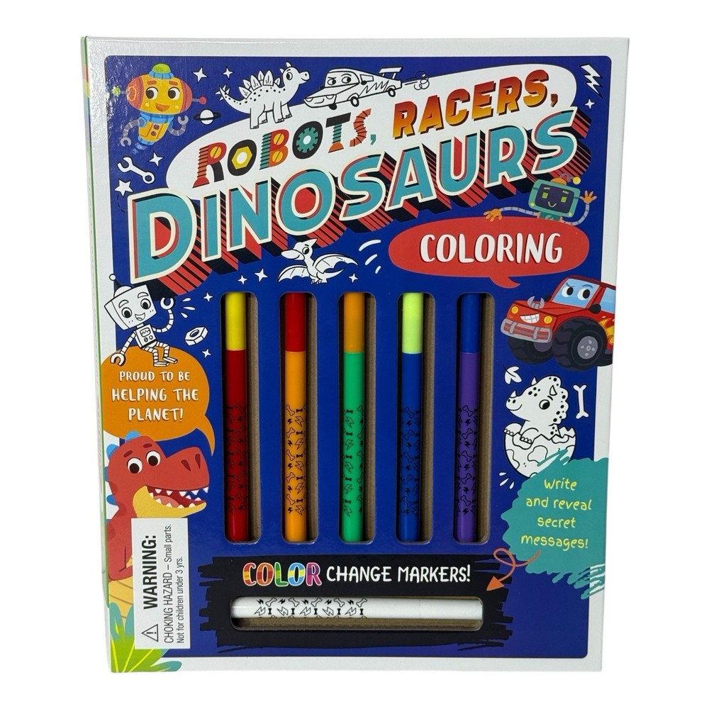 Robots, Racers, Dinosaurs Coloring Secret Messages Book & Pen Over 30 Pages