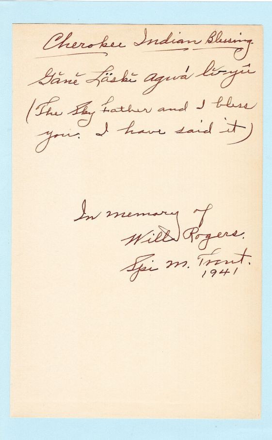 „My Cousin WILL ROGERS” by Spi M. Trent, signed handwritten letter (in Cherokee)