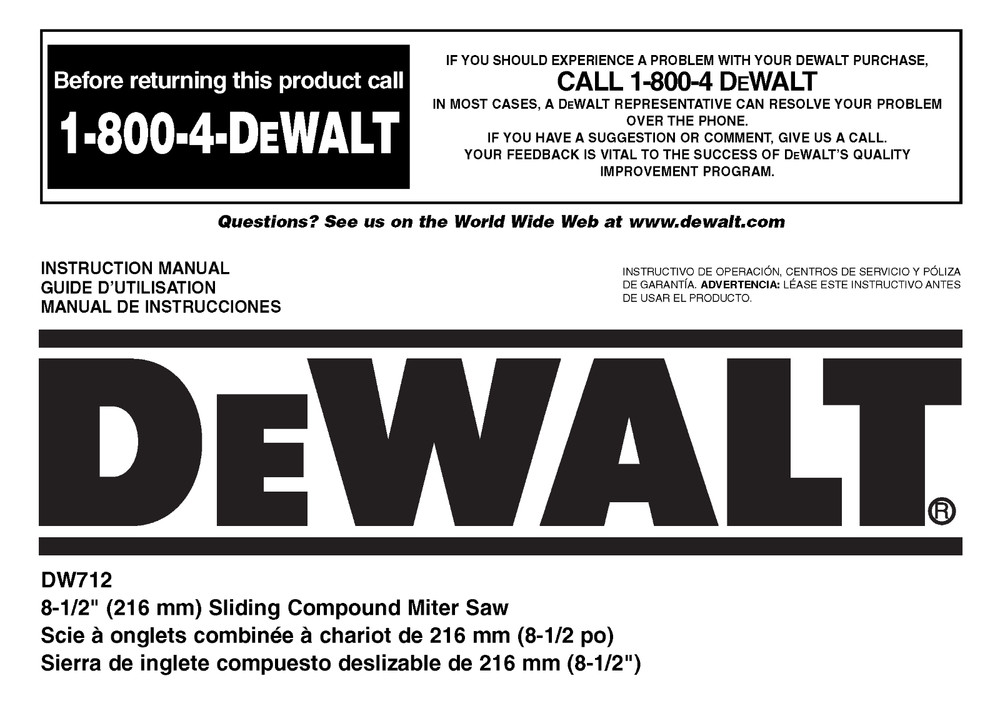 DeWALT DW712 Miter Saw Instruction Manual: 44 Pages Coil Bound