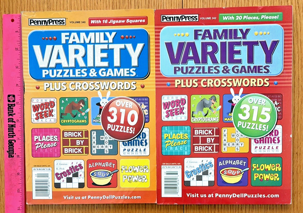Lot of 2 PENNY PRESS FAMILY VARIETY PUZZLES & GAMES PLUS CROSSWORDS FREE SHIP
