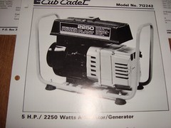 Cub Cadet Generator 5 8 10 H.P. Information Sheets 712242 723242 725242