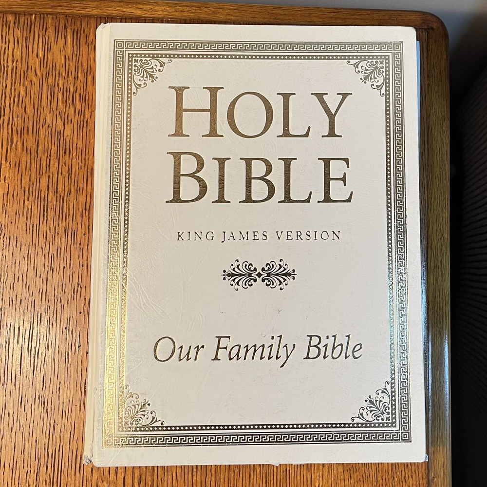 Holy Bible King James Version Our Family Bible 1971 White & Gold 11.5” Vintage