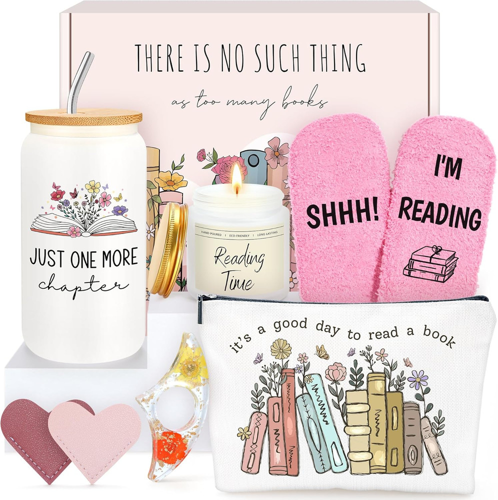 Book Lover Gift Set 16 oz Glass Cup Candle Socks Bookmark For Readers
