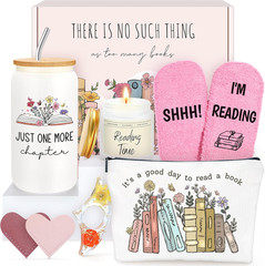 Book Lover Gift Set 16 oz Glass Cup Candle Socks Bookmark For Readers
