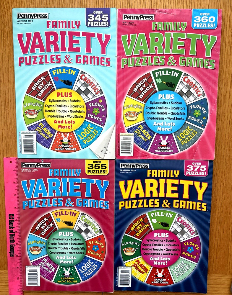 Lot of 4 PENNY PRESS FAMILY VARIETY PUZZLES & GAMES Unsolved Rtl $36+ FREE SHIP