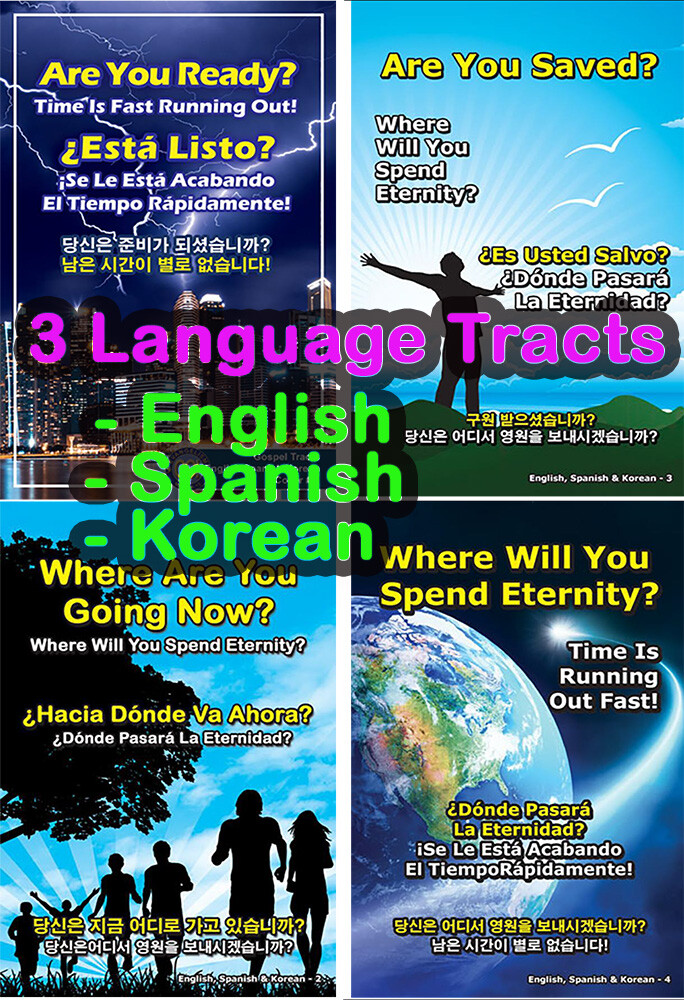 ENGLISH/SPANISH/KOREAN Gospel Bible Tracts-Pack of 40 in 4 Covers, 24 Pages Ea,
