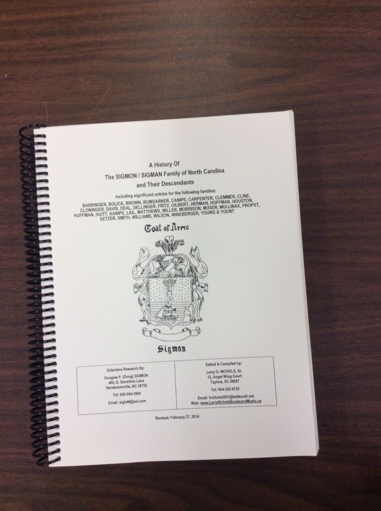 A History of the Sigmon/Sigman Family of NC & Their Descendants, genealogy